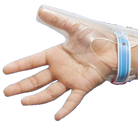 A hand wearing a thumb guard